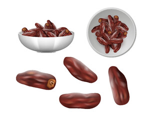Set of realistic date fruits. Dried eastern snack in white bowl. Tasty snack for healthy nutrition