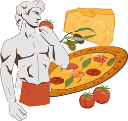 Italian statue with pizza. Design for pizzeria and italian cuisine.