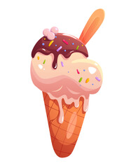 Ice cream with waffle tube isolated on a white background. Vector illustration  in cartoon style. 