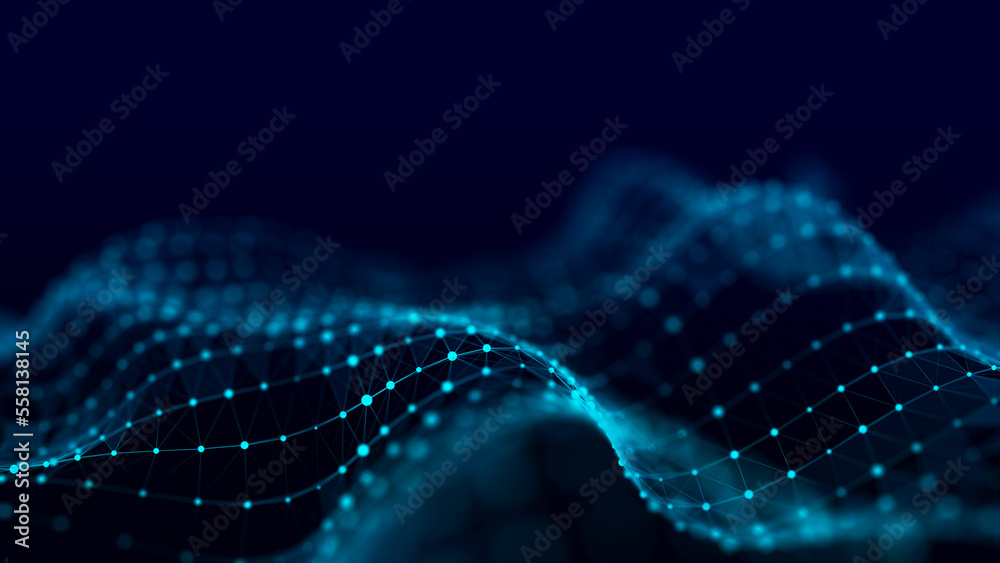 Poster abstract wave with connecting dots and lines. 3d rendering. big digital data background.