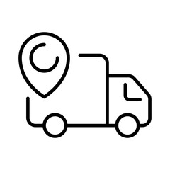 Delivery van line icon. Food delivery, pizza, mail, search, gear, clock, Truck, garbage disposal, car, box, mail, logistics. Order concept. Vector line icon on white background