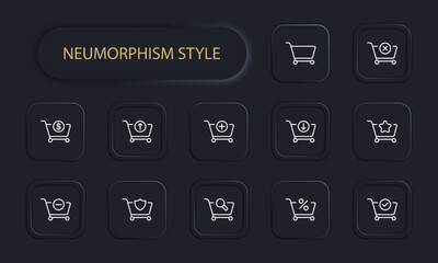 Shopping cart icon set. Online shopping, discounts, membership card, delivery apps, purchasing, seasonal discounts. Shopping concept. Neomorphism style. Vector line icon for Business