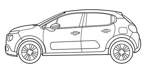 Flat outline doodle illustration of electric car. Side view. The concept of the electronic movement of electromobility.