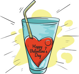 happy valentine's day with heart and glass vector illustration