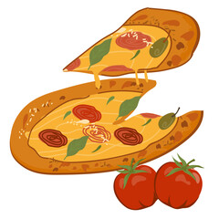 Fresh Italian pizza with tomato sauce and cheese, hand drawn vector illustration isolated on white background.