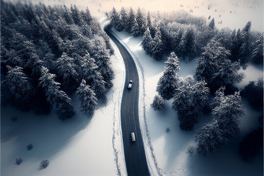 Beautiful aerial view of a road in winters 2023 | Snowy road top view | Beautiful landscape | Ai generated | 3d computer aided image | Drone view of a highway having a car in winters with the forest