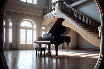 Beautiful grand piano in a hall | Piano in a big hall | Ai Generated | Photorealism | Interior of a hall with a grand piano