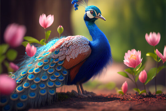 Close-up shot of a beautiful and cute peacock | Peacock enjoying the spring season | Digital art style | 3d peacock | Ai Generated | Computer aided image of a Peacock | Spring 2023 | Digital portrait 