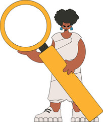 The girl is holding a magnifying glass. Search for information. Retro style character.