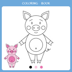 Simple educational game for kids. Vector illustration of cute pig for coloring book