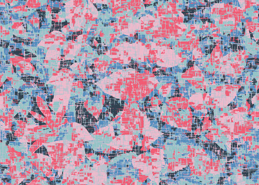 Pink and blue flower motif background. Hand painted earthy whimsical seamless pattern. Modern floral linen textile for spring summer home decor. © belleza