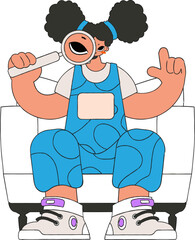 The girl is holding a magnifying glass in her hands. Search for the necessary information on the Internet. Linear retro style character.