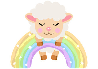 Cute lamb sheep hanging on magic rainbow