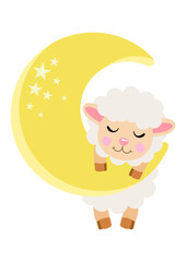 Cute lamb sheep hanging on yellow moon