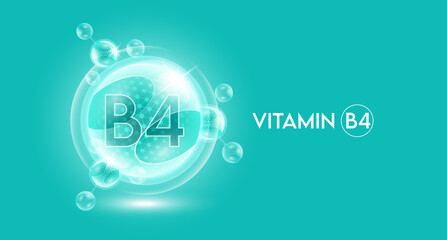 Vitamin B4 and bubble atom molecule collagen serum chemical formula shield protection skin. Skincare anti age nutrition supplement multivitamin complex. On blue background. 3D vector.
