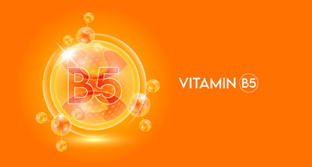 Vitamin B5 and bubble atom molecule collagen serum chemical formula shield protection skin. Skincare anti age nutrition supplement multivitamin complex. On orange background. 3D vector.