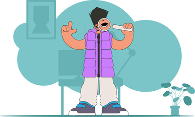 The concept of searching for information. The man is holding a magnifying glass. Linear retro style character.