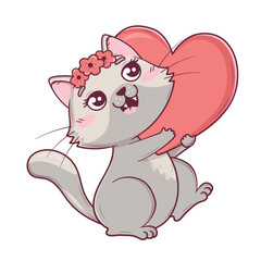 Kawaii cute valentines cat carries a big heart