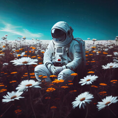 a man in a space suit sitting in a field of daisies, generative AI
