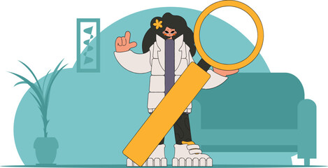 Concept Finding the necessary information on the Internet. The man is holding a magnifying glass. Retro style character.