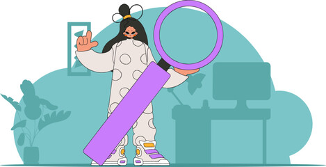 Concept Finding the necessary information on the Internet. The man is holding a magnifying glass. Linear retro style character.
