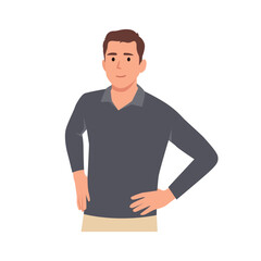 Fototapeta premium Young Self-confident guy, a man stands in a heroic pose, cartoon character vector illustration. Flat vector illustration isolated on white background