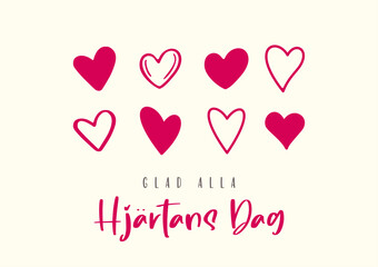 Happy Valentine's Day in Swedish (Glad alla Hjärtans Dag). Modern card design. Cartoon. Vector illustration