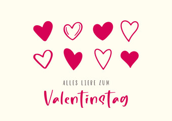 Happy Valentine's Day in German (Alles Liebe zum Valentinstag). Modern card design. Cartoon. Vector illustration
