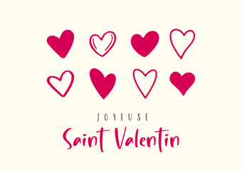 Happy Valentine's Day in French (Joyeuse Saint Valentin). Modern card design. Cartoon. Vector illustration