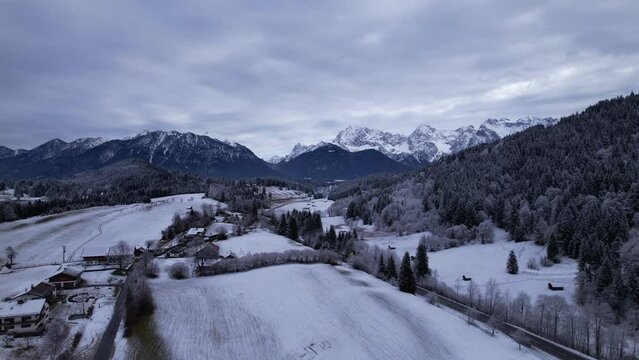 DRONE AERIAL FOOTAGE: The Karwendel mountains, the largest mountain range of the Northern Limestone Alps, near Garmisch-Partenkirchen and Mittenwald, Krun, Bavaria, Germany.