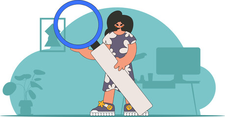 Concept Finding the necessary information on the Internet. The guy is holding a magnifying glass. Retro style character.