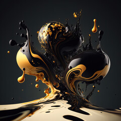 surreal abstract art of gloss black, white and gold paint flows and splashes, with color gradients and glare effects made with Generative AI