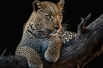 Beautiful  leopard lying on tree branch.  Wildlife scene. Digital artwork	 - obrazy, fototapety, plakaty