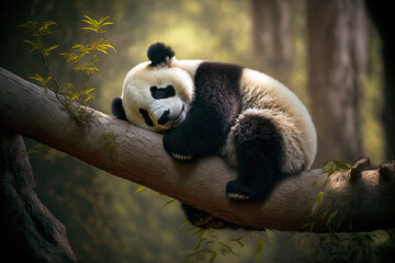 Obraz premium Panda Bear Sleeping on a Tree Branch, China Wildlife. Cute Lazy Baby Panda Sleeping in the Forest, Enjoying an afternoon nap with paws Hanging Down. Digital artwork 