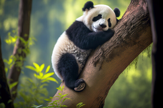 Panda Bear Sleeping on a Tree Branch, China Wildlife. Cute Lazy Baby Panda Sleeping in the Forest, Enjoying an afternoon nap with paws Hanging Down. Digital artwork	
