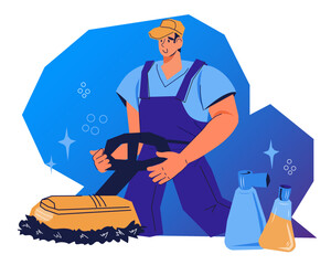 Floor polishing and wood parquet flooring renovation. Worker with industrial floor polishing and cleaning machine, flat isolated vector illustrationarquet flooring renovation. Home renovation service.