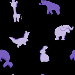 Animal seamless pattern. 3D silhouettes of giraffe, elephant and yak, alligator, crocodile, rabbit and dolphin. Purple print. Packaging template, textiles, bed linen and wallpaper.