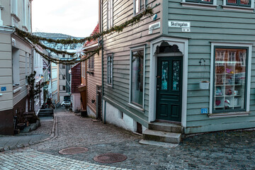 Bergen Scandinavian Architecture. Traditional decorated residential houses in the old part of Bergen. Vestland, Norway. 