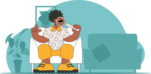 Concept Finding the necessary information on the Internet. A man holds a magnifying glass in his hands. Linear retro style character.