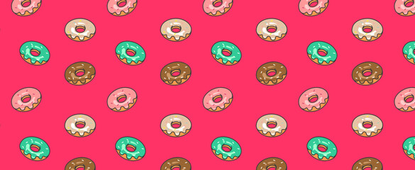 seamless pattern with donuts. Set of color hand drawn donuts in modern flat style.Vector illustration.