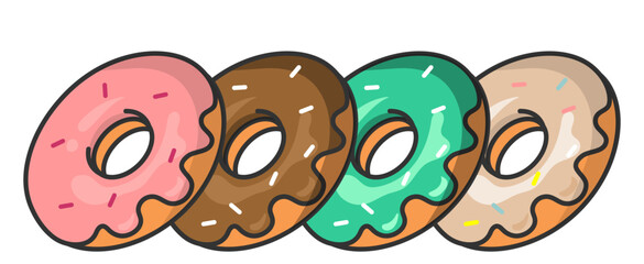 donuts. Set of color hand drawn donuts in modern flat style.Vector illustration.
