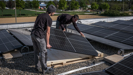 Male team engineers installing stand-alone solar photovoltaic panel system. Electricians mounting...