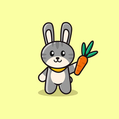 Cartoon cute rabbit, bunny, hare with orange carrot icon vector Illustration on yellow background. Easter, New Year bunny. Cartoon vector character.
