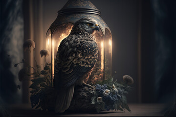 a falcon over a floral arrangement, a beautiful lamp with a blurred background.