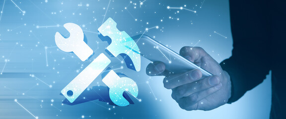 Electronic technical support concept. Wrenches