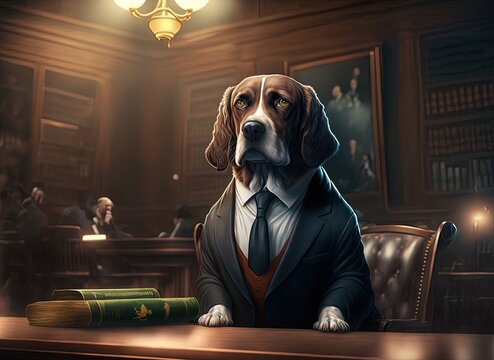 Illustration Of A Dog Wearing Fashion Costume Or Disguise As Lawyer Or Mafia Boss Theme With Luxury Vintage Interior Room 