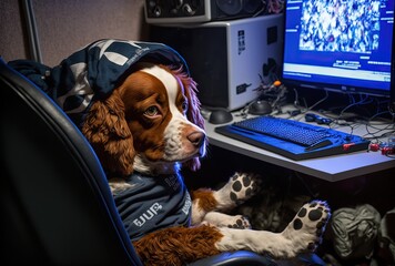 illustration of a dog wearing fashion costume or disguise as pro gamer or content creator, theme with urban cityscape as background