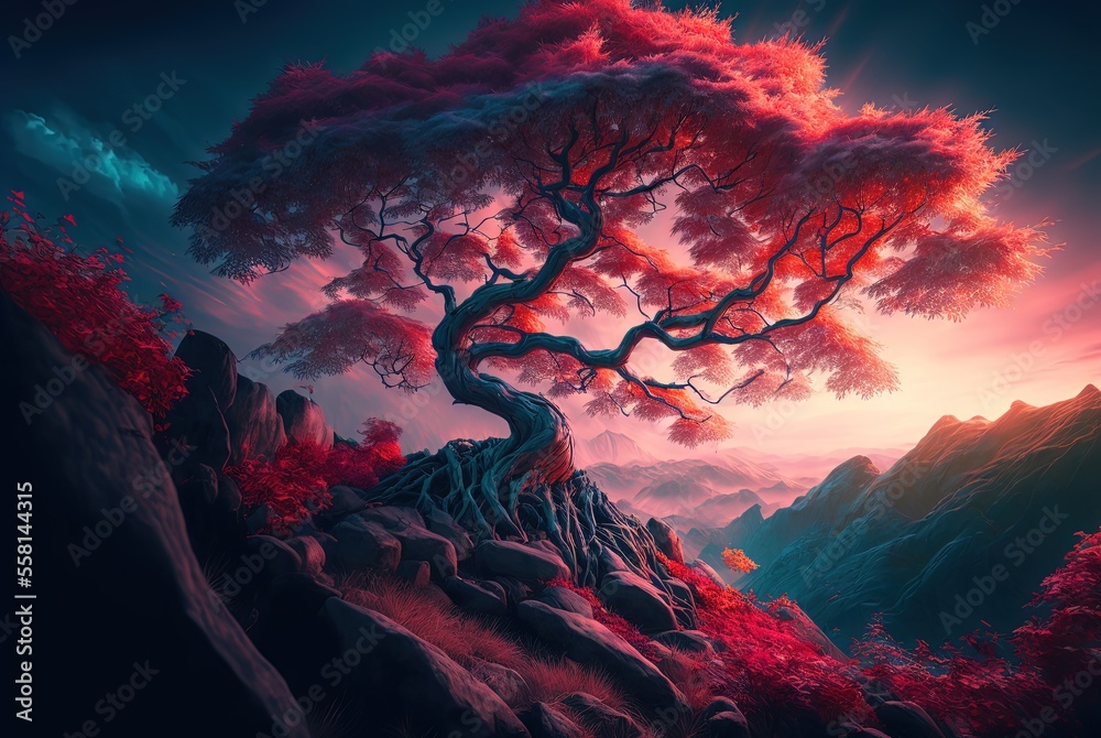 Wall mural illustration of beautiful japanese maple tree with nature background
