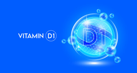Vitamin D1 and bubble atom molecule collagen serum chemical formula shield protection skin. Skincare anti age nutrition supplement multivitamin complex. On blue background. 3D vector.