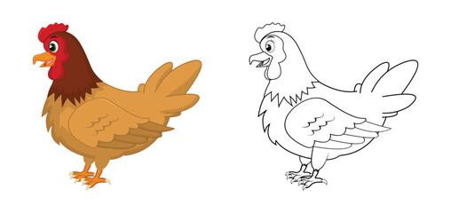 Happy cartoon hen with line art, hen sketch color less page isolated on white background.